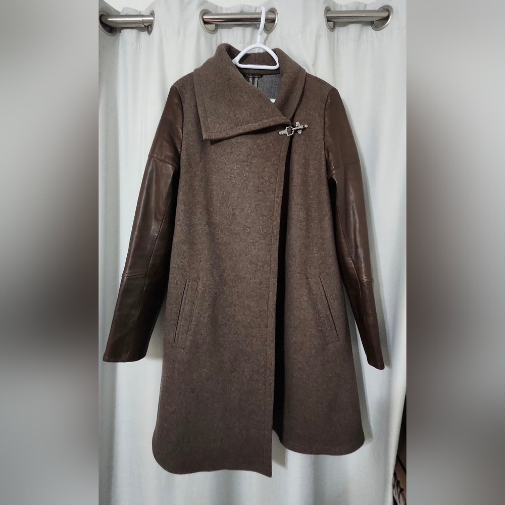 Danier Brown Wool Blend Trench Coat with Leather Sleeves